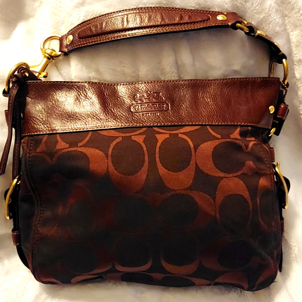 Coach Purse with Signature Canvas and Leather in Burgundy color